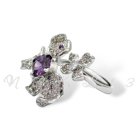 NWT Statement Ring Orchid Flower S925 Sterling Silver CZ Open Adjustable - Picture 7 of 13